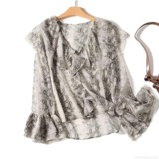 Women's Snake Skin Print Chiffon Blouse Elegant V Neck Ruffle Long Sleeve Shirt Lightweight Loose Casual Tops