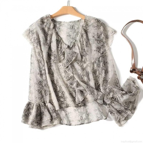 Women's Snake Skin Print Chiffon Blouse Elegant V Neck Ruffle Long Sleeve Shirt Lightweight Loose Casual Tops
