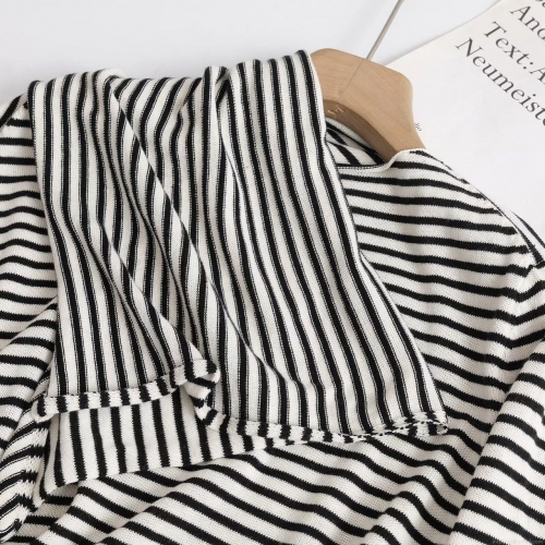 Women's Striped Knit Long Sleeve T-Shirt With Scarf 100% Cotton Casual Loose Fitting Top For Daily Wear Minimalist Style Autumn Fashion