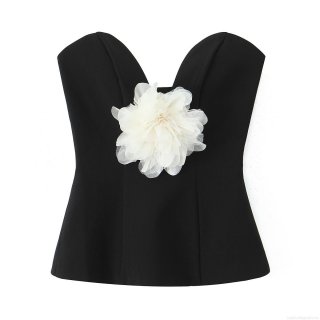 Women's Sexy Strapless Tube Top With 3D Contrast Mesh Flower Sweetheart Neckline Slim Fit Polyester Sleeveless Top For Party Clubwear