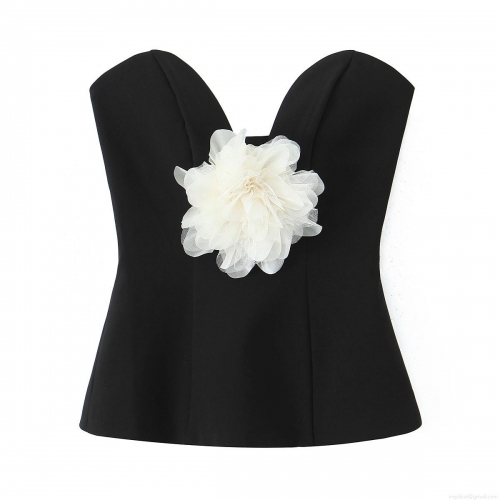 Women's Sexy Strapless Tube Top With 3D Contrast Mesh Flower Sweetheart Neckline Slim Fit Polyester Sleeveless Top For Party Clubwear