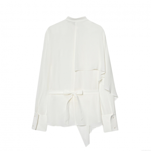 Women's Elegant Asymmetrical White Blouse Polyester Silk Texture Long Sleeve Shirt With Back Bow Tie For Casual Party Office Lady Tops