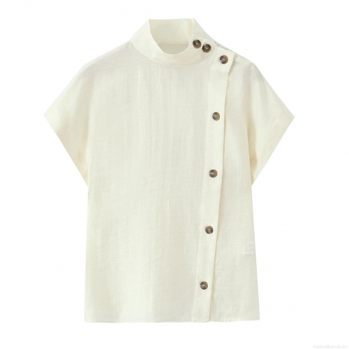 Women's Casual Loose Stand Collar Button-Down Shirt Polyester Spandex Linen-Like Texture Crinkled Fabric Long Sleeve Solid Color Japanese Korean Style Simple Elegant For Daily Office Ladies