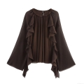 Women Elegant Chiffon Blouse Ruffle Layered Long Sleeve Round Neck Top Solid Coffee Brown Loose Fit Casual Drape Shirt For Ladies Autumn Fashion