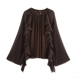 Women Elegant Chiffon Blouse Ruffle Layered Long Sleeve Round Neck Top Solid Coffee Brown Loose Fit Casual Drape Shirt For Ladies Autumn Fashion