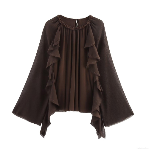 Women Elegant Chiffon Blouse Ruffle Layered Long Sleeve Round Neck Top Solid Coffee Brown Loose Fit Casual Drape Shirt For Ladies Autumn Fashion