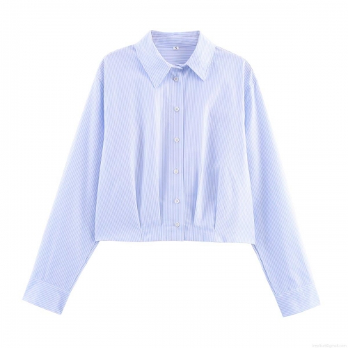 Women's Fashion Striped Short Shirt Pleated Waist Turn-Down Collar Long Sleeve Blouse Casual Office Style Single-Breasted Polyester Spandex Top