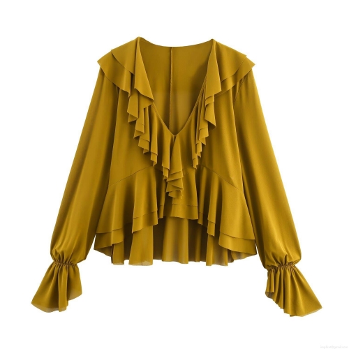 Women's V-Neck Ruffle Chiffon Blouse Mustard Yellow Layered Long Sleeve Pullover Loose Casual Office Top Ladies Elegant Polyester Spandex Shirt