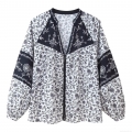 Women's Casual Vintage Floral Print Blouse V-Neck Long Sleeve Patchwork Loose Pullover Top Polyester Woven Shirt For Women