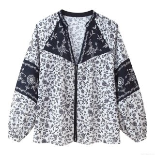 Women's Casual Vintage Floral Print Blouse V-Neck Long Sleeve Patchwork Loose Pullover Top Polyester Woven Shirt For Women