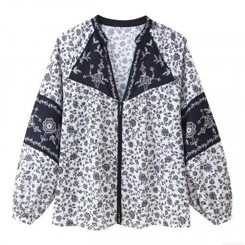 Women's Casual Vintage Floral Print Blouse V-Neck Long Sleeve Patchwork Loose Pullover Top Polyester Woven Shirt For Women
