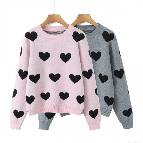 Women's Knit Sweater Jacquard Heart Pattern Round Neck Long Sleeve Pullover Loose Fit Soft Warm Jumper Sweet Casual Style Top