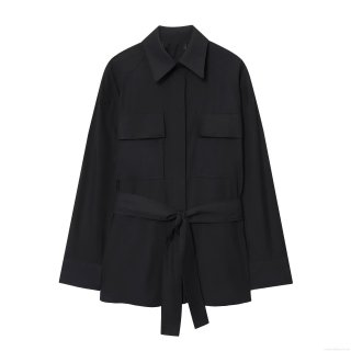 Women's Casual 100% Cotton Long Sleeve Shirt With Tie Waist Belt And Pockets Turn-down Collar Loose Fit Blouse For Autumn Work Daily Minimalist Style