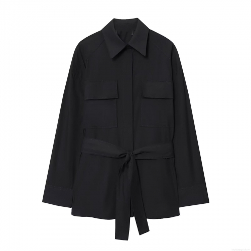 Women's Casual 100% Cotton Long Sleeve Shirt With Tie Waist Belt And Pockets Turn-down Collar Loose Fit Blouse For Autumn Work Daily Minimalist Style