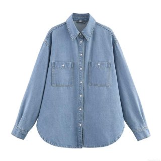 Women's Casual Loose Denim Shirt Long Sleeve Turn-down Collar Button Down Blouse With Double Chest Pockets Solid Color Blue Jean Tops For Women