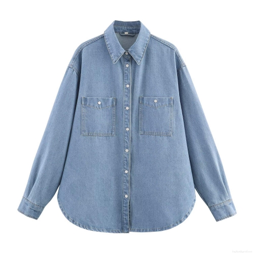 Women's Casual Loose Denim Shirt Long Sleeve Turn-down Collar Button Down Blouse With Double Chest Pockets Solid Color Blue Jean Tops For Women