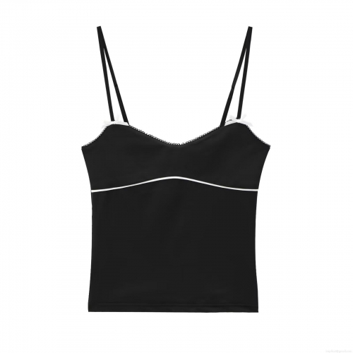 Women's Sexy Black Camisole Milk Silk Polyester Spaghetti Strap Tank Top With White Bow Decor Contrast Piping Slim Fit Summer Tops
