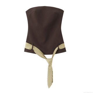 Women Sexy Dark Brown Tube Top Polyester Blend Waist-Hugging Sleeveless With Geometric Print Tie Belt Fashion Y2K Clubwear Party Strapless Top