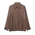 Women's Long Sleeve Satin Shirt Silk Texture Lapel Collar Loose Casual Blouse Solid Dark Brown Office Commuting Fashion Top Polyester Spandex Blend