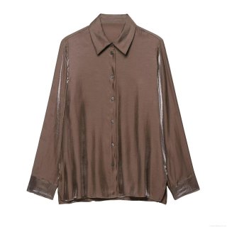 Women's Long Sleeve Satin Shirt Silk Texture Lapel Collar Loose Casual Blouse Solid Dark Brown Office Commuting Fashion Top Polyester Spandex Blend