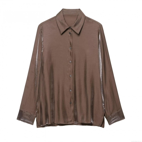 Women's Long Sleeve Satin Shirt Silk Texture Lapel Collar Loose Casual Blouse Solid Dark Brown Office Commuting Fashion Top Polyester Spandex Blend