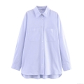 Women Casual Striped Long Sleeve Shirt With Pockets Loose Button Down Blouse Polyester Cotton Blend Autumn Top Office Lady Apparel