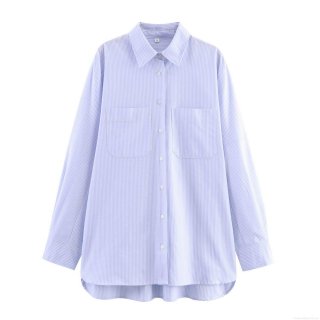 Women Casual Striped Long Sleeve Shirt With Pockets Loose Button Down Blouse Polyester Cotton Blend Autumn Top Office Lady Apparel