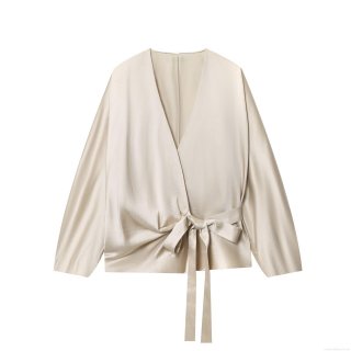 Women Elegant Satin V-Neck Blouse Long Sleeve Wrap Top With Bow Tie Waist Solid Color Polyester Spandex Casual Shirt For Office Lady