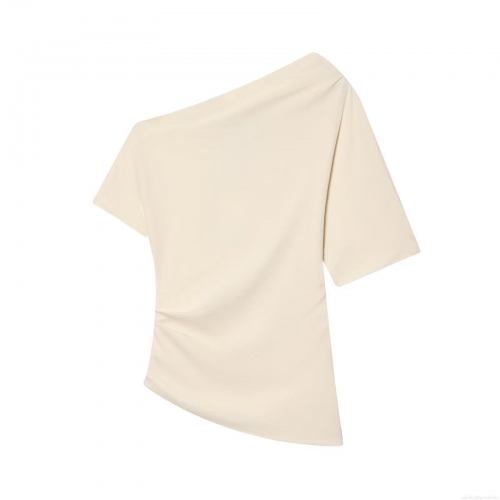 Women One Shoulder Ruched Satin Blouse Asymmetric Neck Short Sleeve Top Elegant Cream White Pullover Shirt For Party Dating Casual Wear