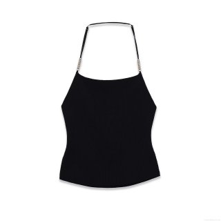 Women's Sexy Backless Knit Camisole With Silver Metal Beads Decoration Adjustable Thin Straps Solid Black Cropped Tank Top For Summer Party Clubwear