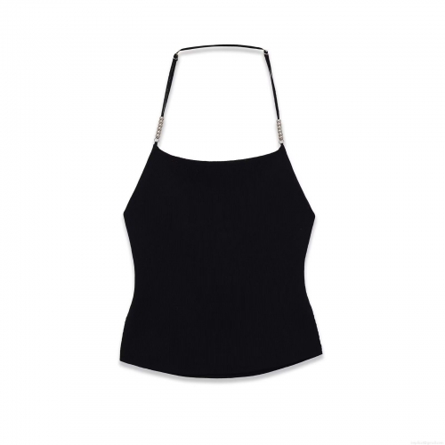 Women's Sexy Backless Knit Camisole With Silver Metal Beads Decoration Adjustable Thin Straps Solid Black Cropped Tank Top For Summer Party Clubwear