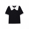 Women Peter Pan Collar Short Sleeve Knit T-Shirt Sweet Bow Tie Contrast Color Black White Patchwork Top For Summer Casual Daily Retro Preppy Style