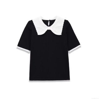 Women Peter Pan Collar Short Sleeve Knit T-Shirt Sweet Bow Tie Contrast Color Black White Patchwork Top For Summer Casual Daily Retro Preppy Style