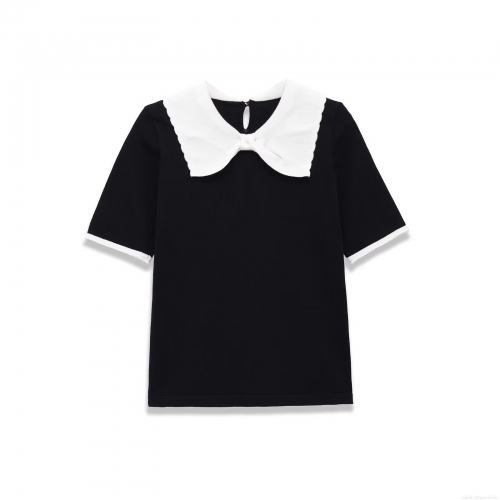 Women Peter Pan Collar Short Sleeve Knit T-Shirt Sweet Bow Tie Contrast Color Black White Patchwork Top For Summer Casual Daily Retro Preppy Style