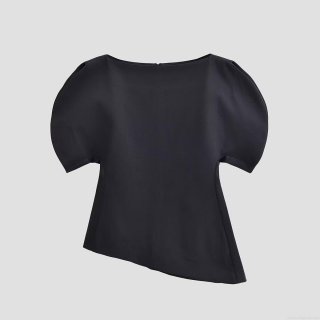 Women Fashion Black Puff Short Sleeve Top Elegant Asymmetric Hem Invisible Zipper Boat Neck 100% Polyester Blouse Casual Streetwear Tee For Women