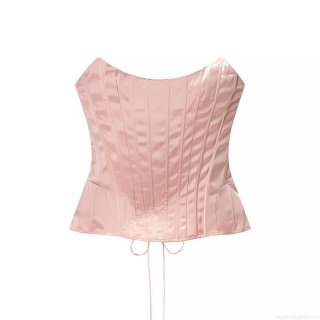 Women Sexy Pink Satin Corset Top Lace Up Fishbone Bustier Backless Strapless Slim Fit Shaping Crop Top Party Clubwear