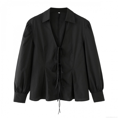 Women's Casual 100% Cotton Poplin Shirt Long Lantern Sleeve Bow Tie Front Blouse Solid Black Loose Fit Drawstring Waist Top For Daily Office Wear