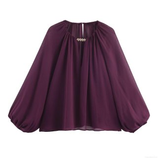 Women's Elegant Pleated Chiffon Blouse Loose Lantern Sleeve V-Neck Shirt With Gold Metal Decoration Solid Color Casual Pullover Top For Women