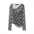 Women's Elegant Long Sleeve Plaid Mesh T-Shirt Asymmetric Slanted Neck Ruched Slim Fit Grey Casual Sexy See Through Tee Top For Ladies Dating