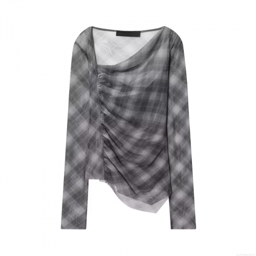 Women's Elegant Long Sleeve Plaid Mesh T-Shirt Asymmetric Slanted Neck Ruched Slim Fit Grey Casual Sexy See Through Tee Top For Ladies Dating