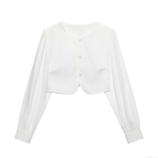 Women Sexy Crop Blouse Long Sleeve Round Neck Curved Hem Satin Shirt Elegant Solid Color Single Breasted Lantern Sleeve Top For Women Casual Party Fashion