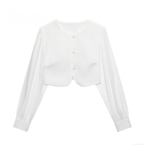 Women Sexy Crop Blouse Long Sleeve Round Neck Curved Hem Satin Shirt Elegant Solid Color Single Breasted Lantern Sleeve Top For Women Casual Party Fashion