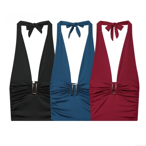 Women's Sexy Halter Neck Backless Top With Metal U-Buckle Pleated Deep V Neck Solid Color Camisole For Party Clubwear Summer Sleeveless Slim Fit Top