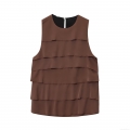 Women's Elegant Satin Texture Sleeveless Top Layered Ruffles Round Neck Keyhole Back Design Summer Casual Loose Fit Tank Top Blouse Brown