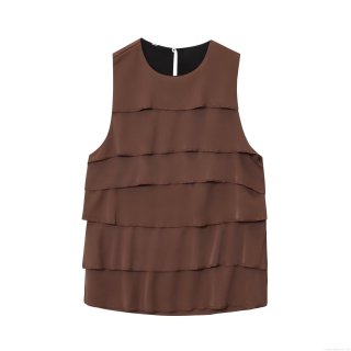 Women's Elegant Satin Texture Sleeveless Top Layered Ruffles Round Neck Keyhole Back Design Summer Casual Loose Fit Tank Top Blouse Brown