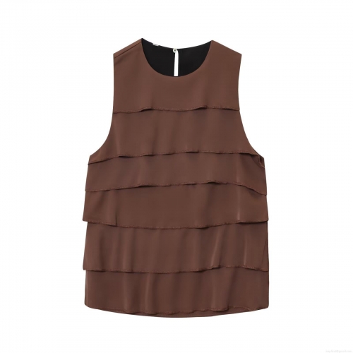 Women's Elegant Satin Texture Sleeveless Top Layered Ruffles Round Neck Keyhole Back Design Summer Casual Loose Fit Tank Top Blouse Brown