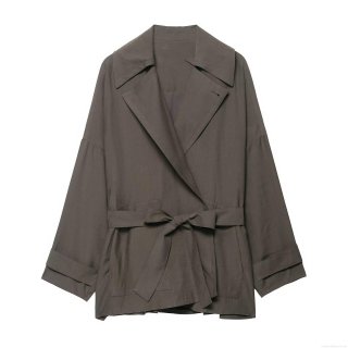 Women's 100% Polyester Lapel Collar Shirt Jacket With Waist Belt Autumn Solid Color Long Sleeve Loose Fit Trench Coat Blouse Tops