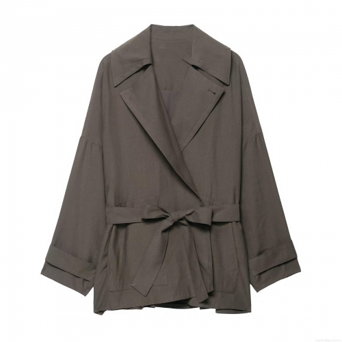Women's 100% Polyester Lapel Collar Shirt Jacket With Waist Belt Autumn Solid Color Long Sleeve Loose Fit Trench Coat Blouse Tops