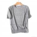 Women's Casual Short Sleeve Knit T-Shirt Loose Fake Two-Piece Layered Square Neck Viscose Nylon PBT Blend Grey Tee Solid Color Summer Autumn Top for Women