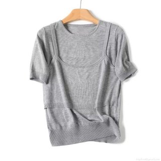 Women's Casual Short Sleeve Knit T-Shirt Loose Fake Two-Piece Layered Square Neck Viscose Nylon PBT Blend Grey Tee Solid Color Summer Autumn Top for Women